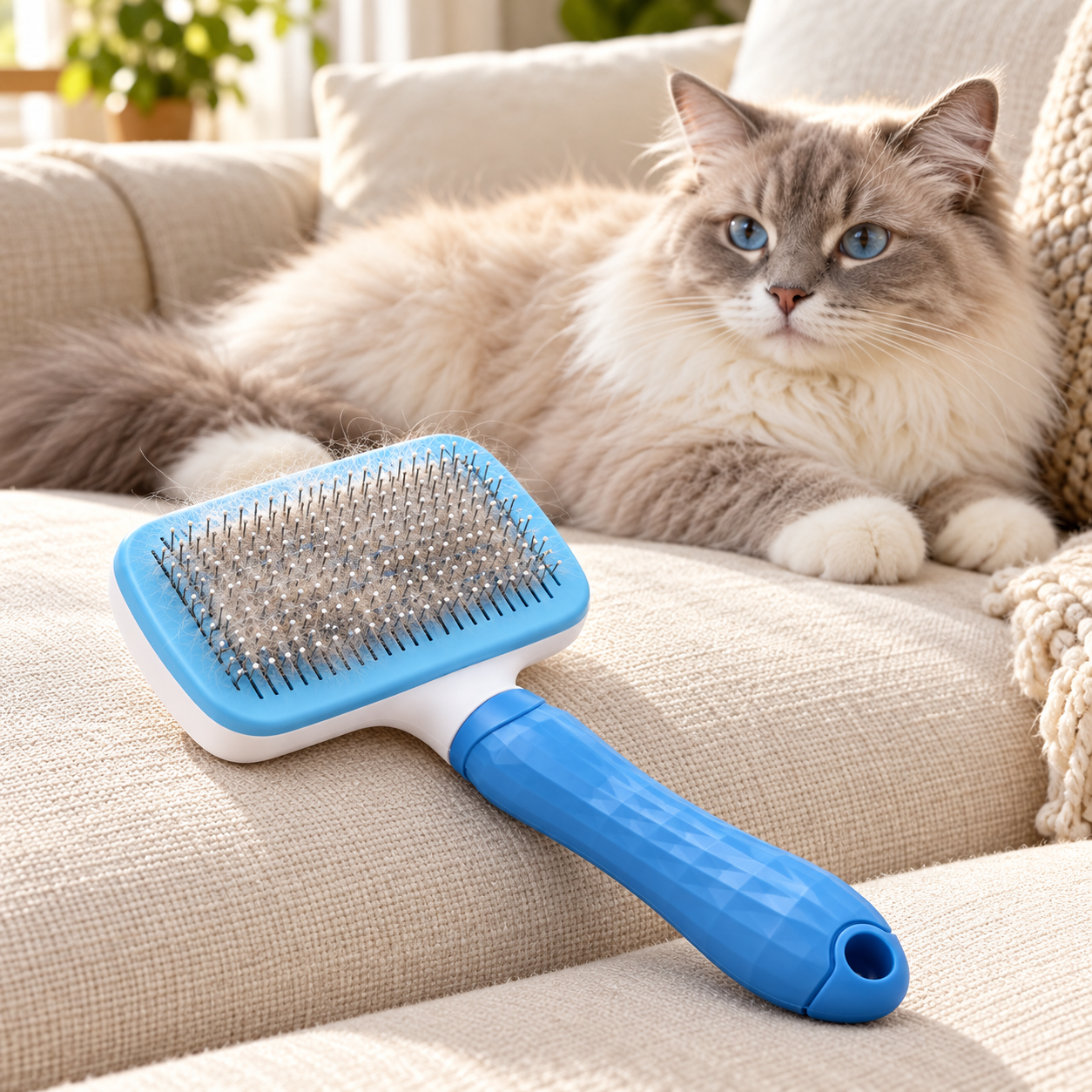 Blue FurEase brush in a cozy home with a cat
