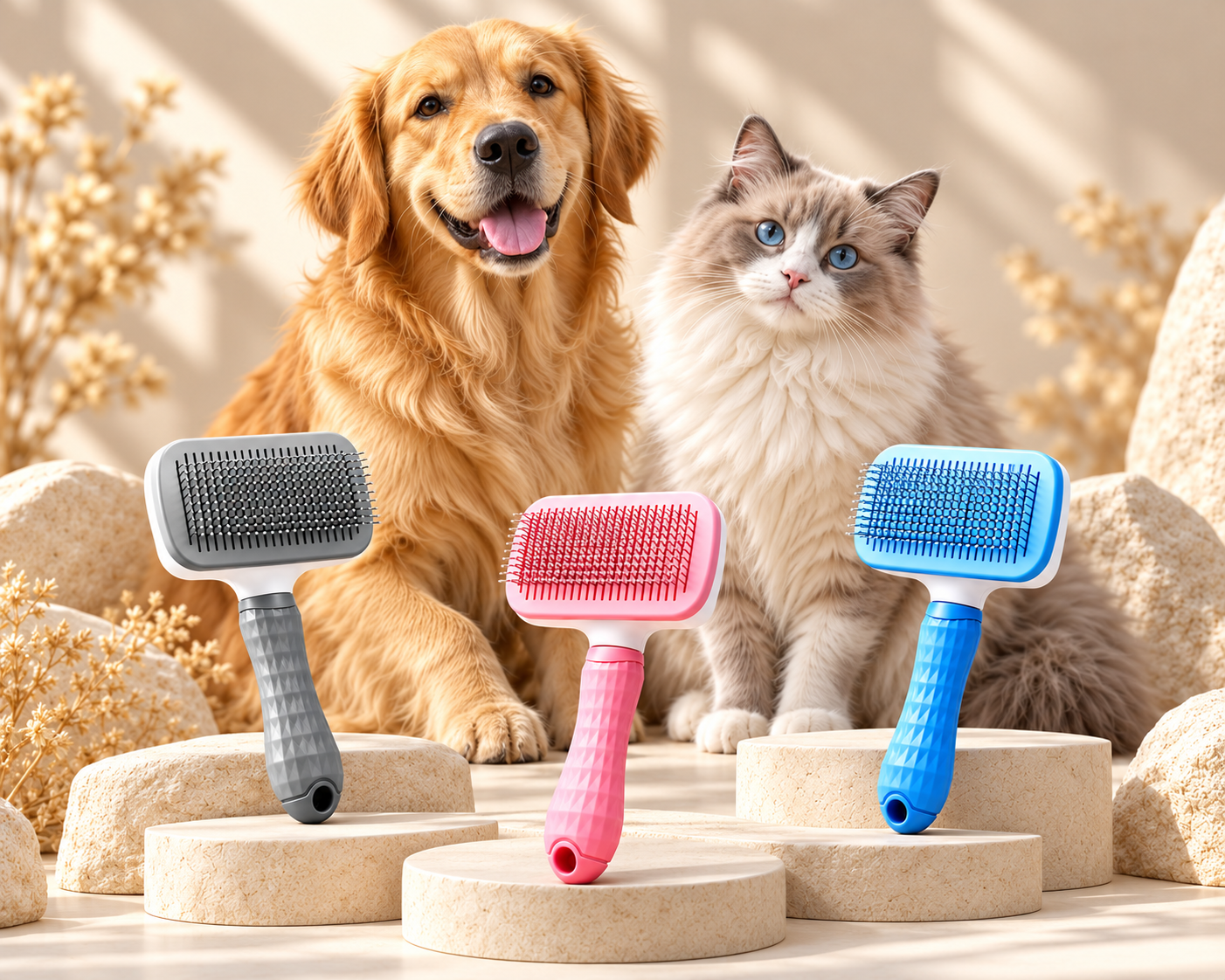 A golden retriever and fluffy cat with gray, pink and blue FurEase brushes