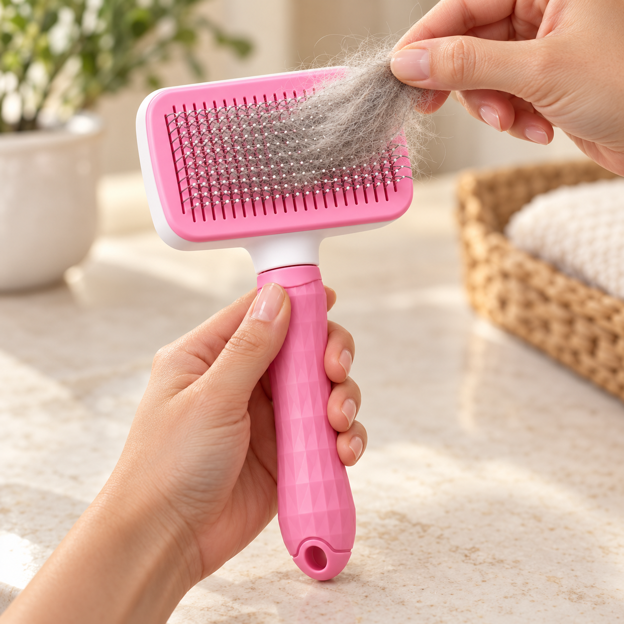 Hands removing collected fur from a pink FurEase brush