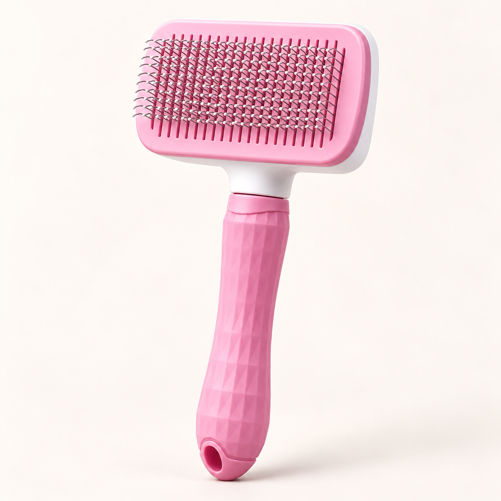 pink FurEase self-cleaning grooming brush